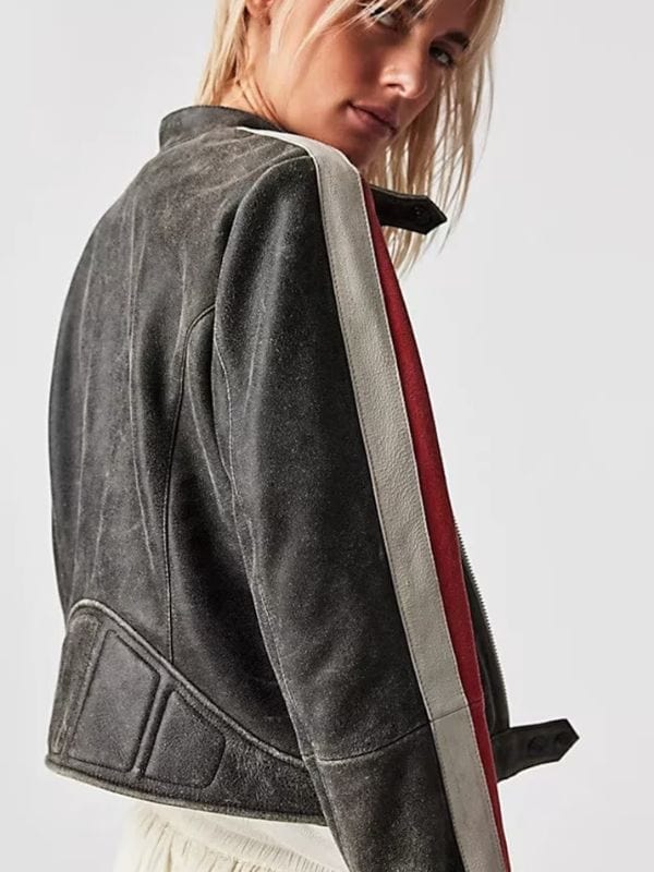 Thread Masters INC Women Striped Distressed Cafe Racer Biker Jacket