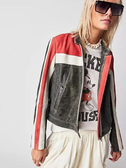 Thread Masters INC Women Striped Distressed Cafe Racer Biker Jacket