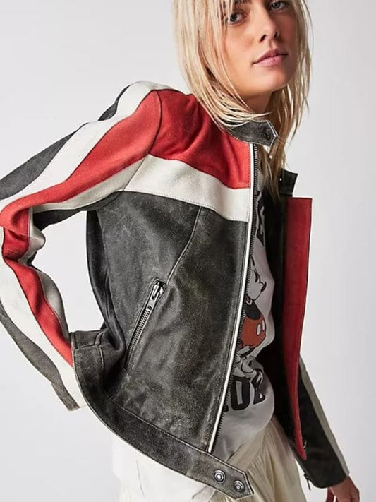 Thread Masters INC Women Striped Distressed Cafe Racer Biker Jacket