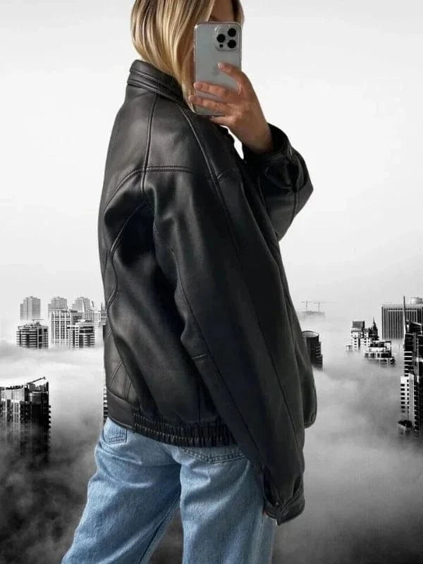 Thread Masters INC Women Vintage Retro Oversized Classic Black Leather Jacket