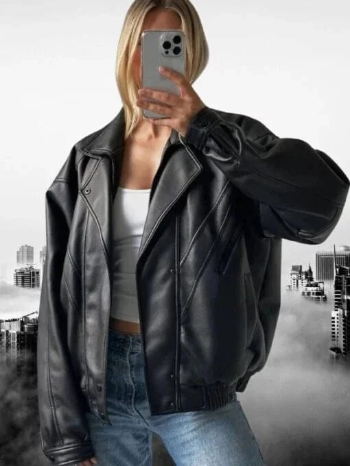 Thread Masters INC Women Vintage Retro Oversized Classic Black Leather Jacket