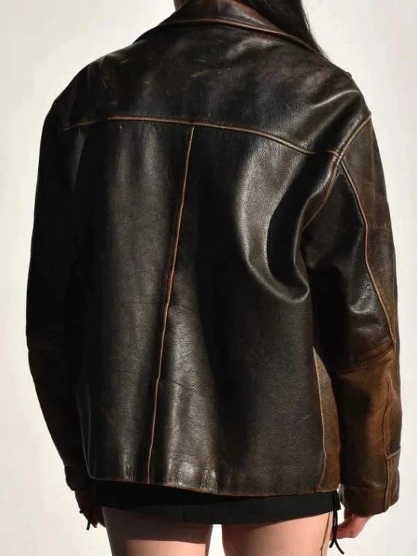 Thread Masters INC Womens 1990s Oversized Distressed Brown Leather Jacket