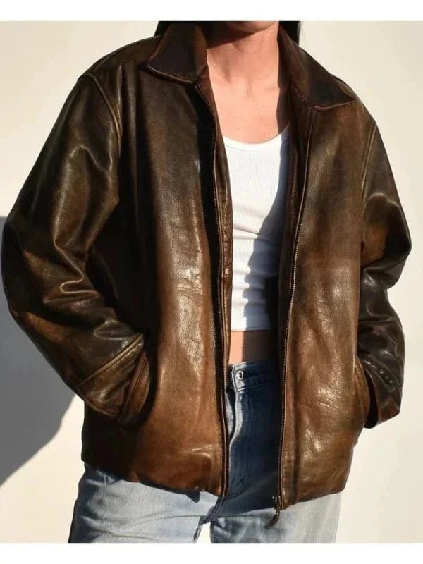 Thread Masters INC Womens 1990s Oversized Distressed Brown Leather Jacket