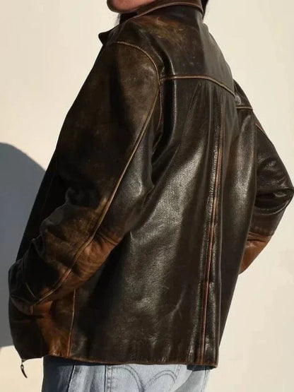 Thread Masters INC Womens 1990s Oversized Distressed Brown Leather Jacket