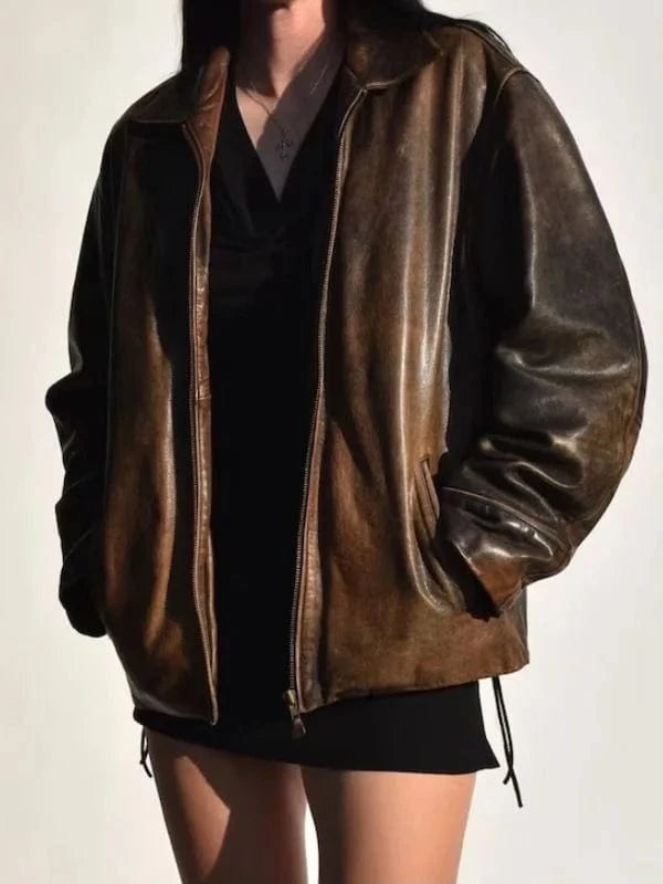 Thread Masters INC Womens 1990s Oversized Distressed Brown Leather Jacket