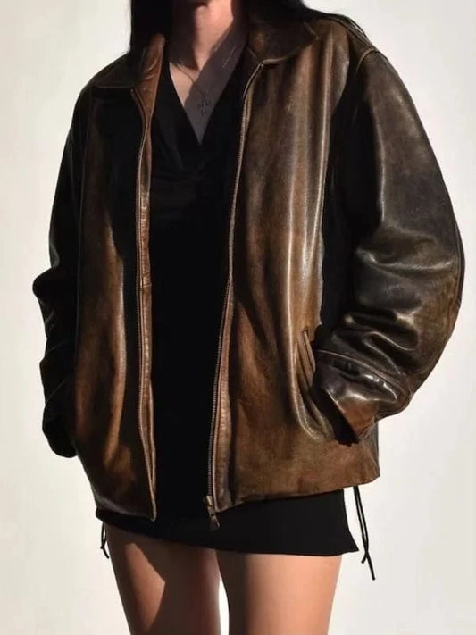 Thread Masters INC Womens 1990s Oversized Distressed Brown Leather Jacket