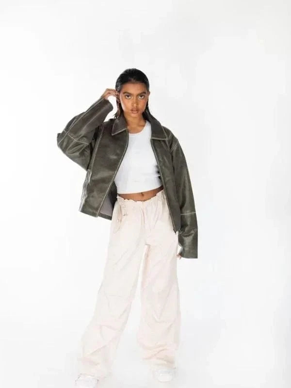 Thread Masters INC Womens 90s Distressed Boxy Leather Jacket