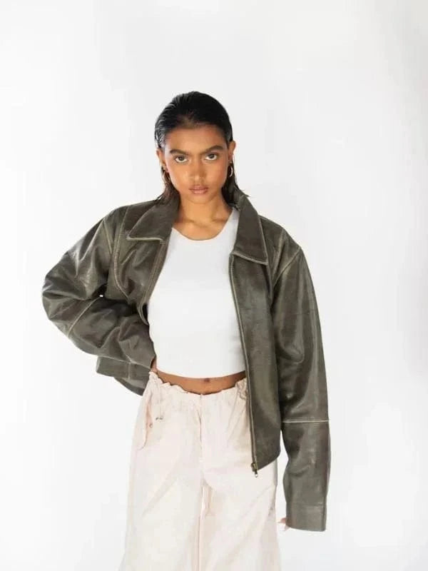 Thread Masters INC Womens 90s Distressed Boxy Leather Jacket