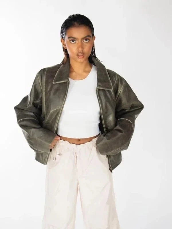 Thread Masters INC Womens 90s Distressed Boxy Leather Jacket