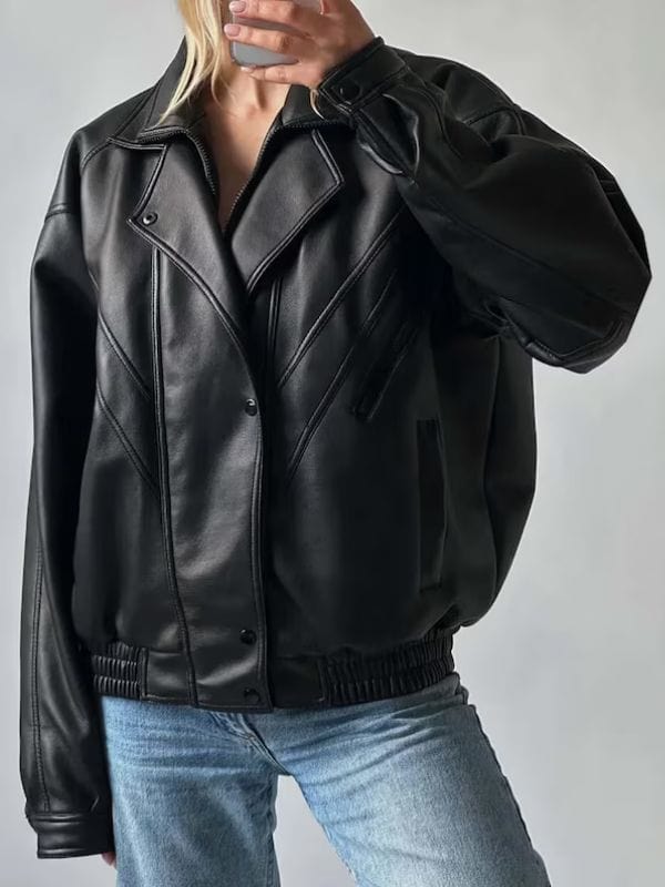 Thread Masters INC Womens 90s Vintage Oversized Black Leather Jacket