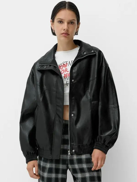 Womens Bershka Oversized Faux Leather Jacket Black