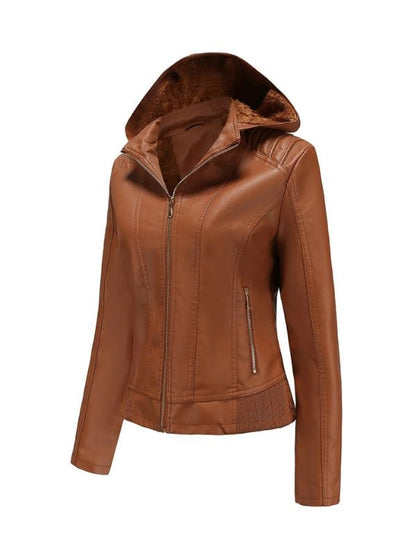 Thread Masters INC Womens Biker Moto Racer Shearling Brown Leather Hooded Jacket