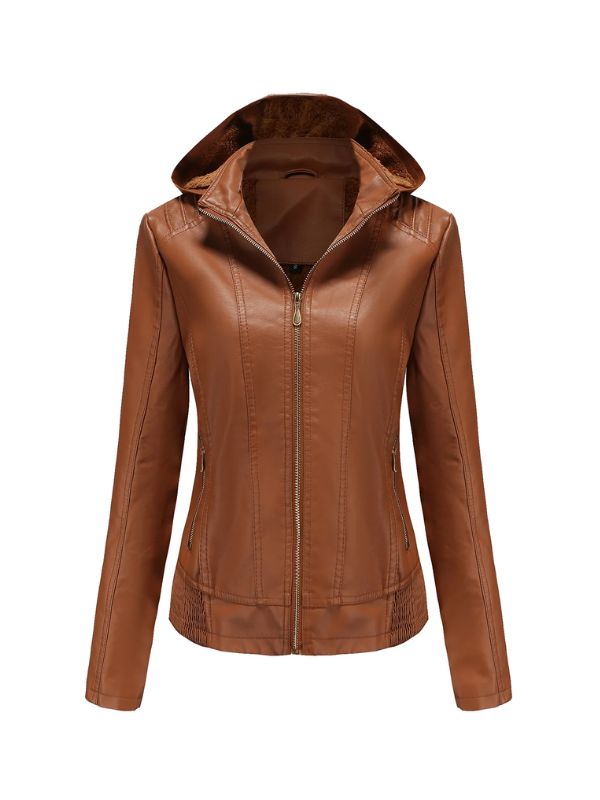 Womens Biker Moto Racer Shearling Brown Leather Hooded Jacket