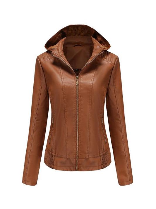 Womens Biker Moto Racer Shearling Brown Leather Hooded Jacket