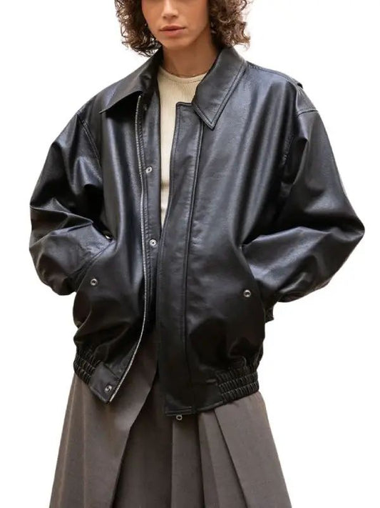 Womens Black loose-fit Leather Jacket