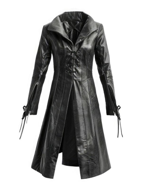 Thread Masters INC Womens Black Sheepskin Retro Leather Trench Coat
