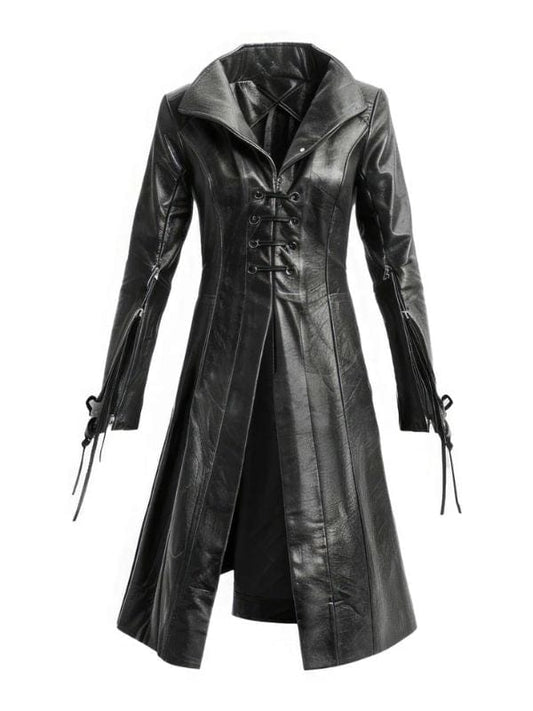 Thread Masters INC Womens Black Sheepskin Retro Leather Trench Coat