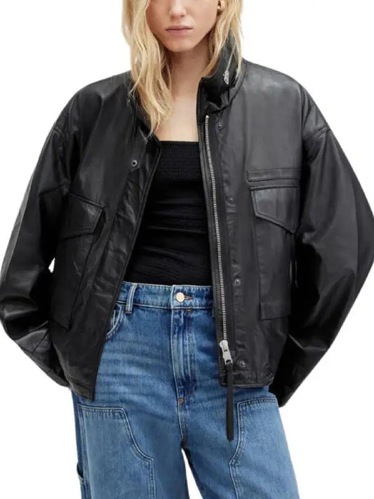 Womens Black Slouchy Leather Jacket Oversized