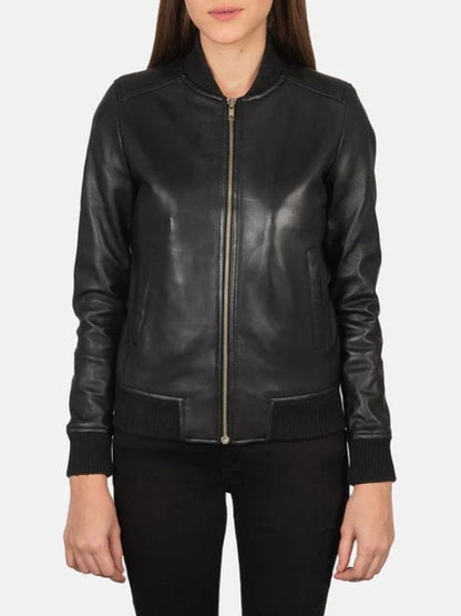 Thread Masters INC Womens Bliss Black Leather Bomber Jacket