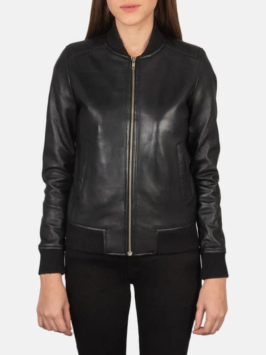Thread Masters INC Womens Bliss Black Leather Bomber Jacket