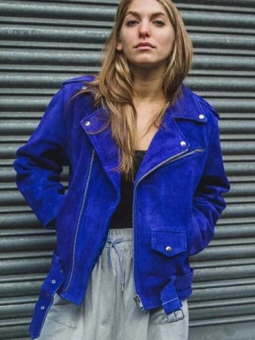 Thread Masters INC Womens Blue Cobalt Suede Biker Jacket In Oversized Fit