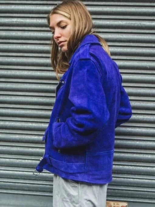 Thread Masters INC Womens Blue Cobalt Suede Biker Jacket In Oversized Fit
