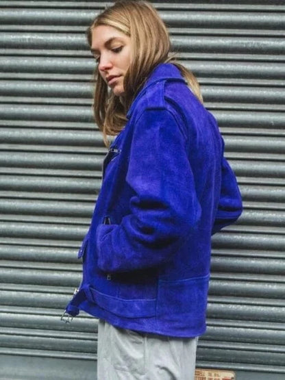 Thread Masters INC Womens Blue Cobalt Suede Biker Jacket In Oversized Fit
