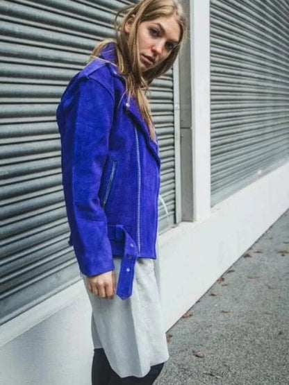 Thread Masters INC Womens Blue Cobalt Suede Biker Jacket In Oversized Fit