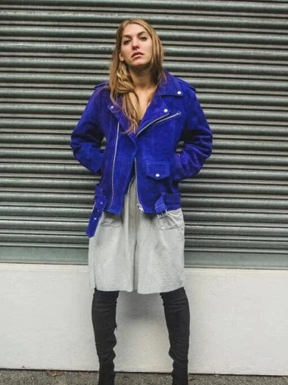 Thread Masters INC Womens Blue Cobalt Suede Biker Jacket In Oversized Fit