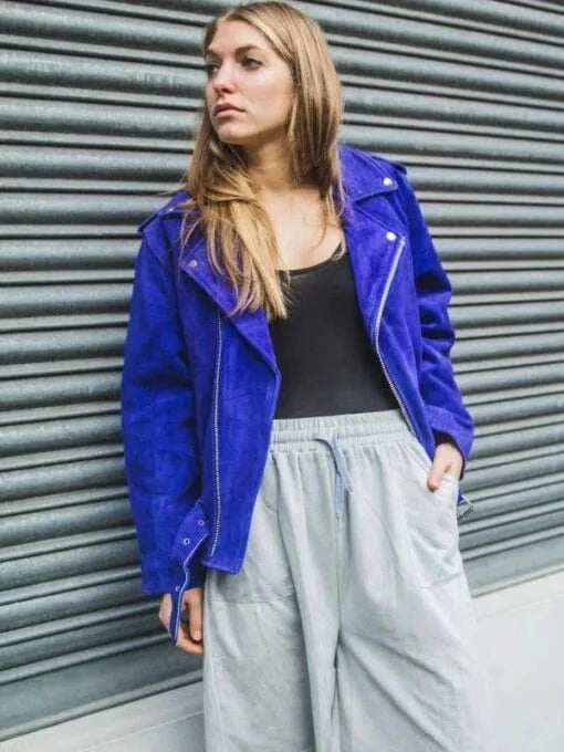 Thread Masters INC Womens Blue Cobalt Suede Biker Jacket In Oversized Fit