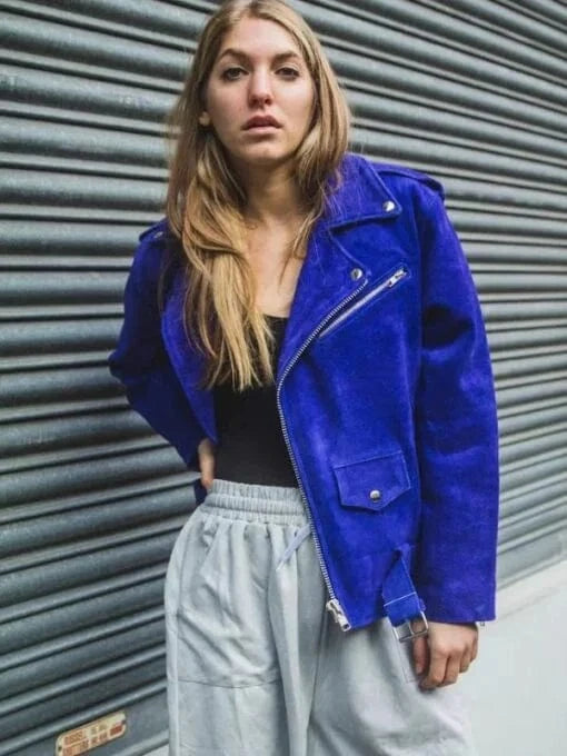 Thread Masters INC Womens Blue Cobalt Suede Biker Jacket In Oversized Fit