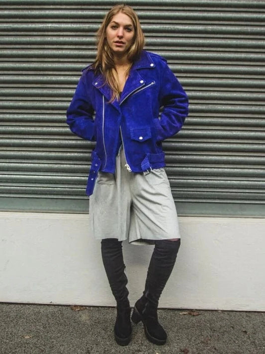 Thread Masters INC Womens Blue Cobalt Suede Biker Jacket In Oversized Fit
