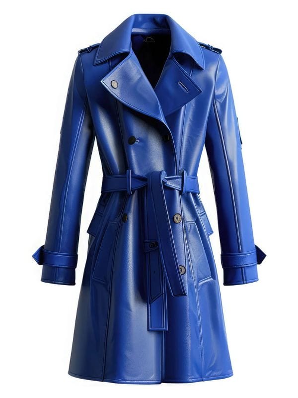Thread Masters INC Womens Blue Sheepskin Belted Leather Trench Coat