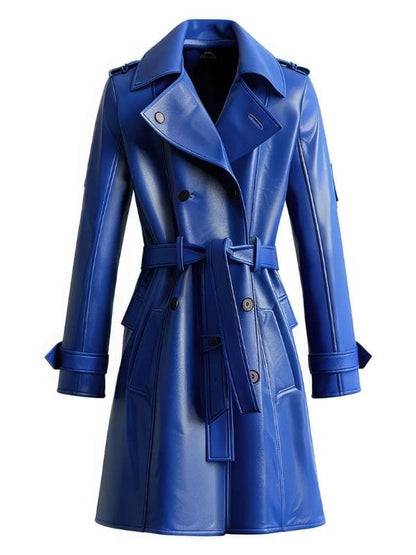 Thread Masters INC Womens Blue Sheepskin Belted Leather Trench Coat