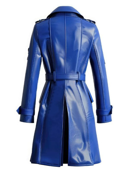 Thread Masters INC Womens Blue Sheepskin Belted Leather Trench Coat