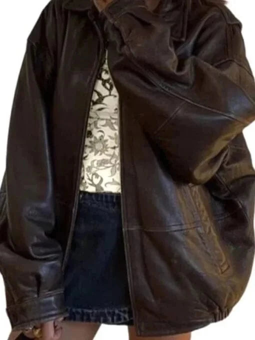 Thread Masters INC Womens Brown 90s Oversized Y2K Leather Jacket