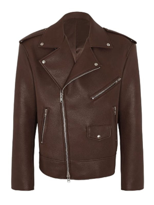 Brown leather jacket with zippers on a white background