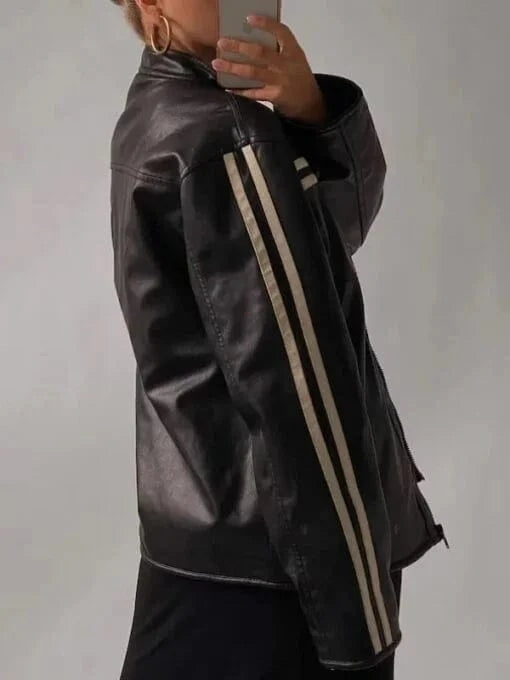 Thread Masters INC Womens Coolest Black Stripe Oversized Leather Jacket