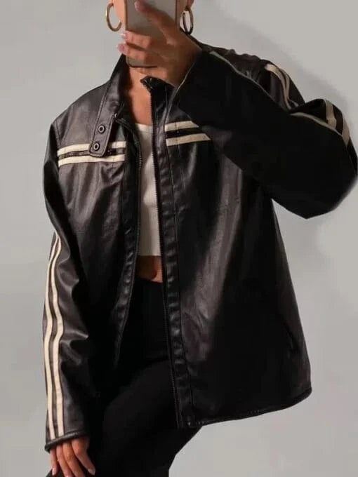Thread Masters INC Womens Coolest Black Stripe Oversized Leather Jacket