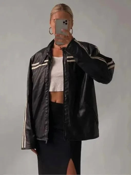 Thread Masters INC Womens Coolest Black Stripe Oversized Leather Jacket