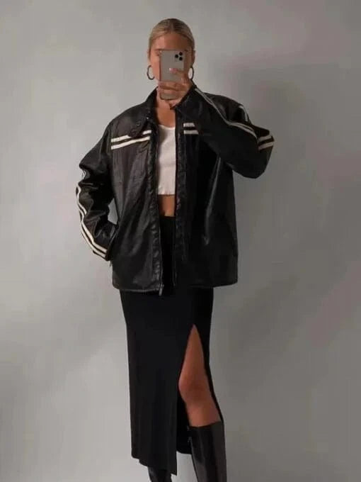 Thread Masters INC Womens Coolest Black Stripe Oversized Leather Jacket