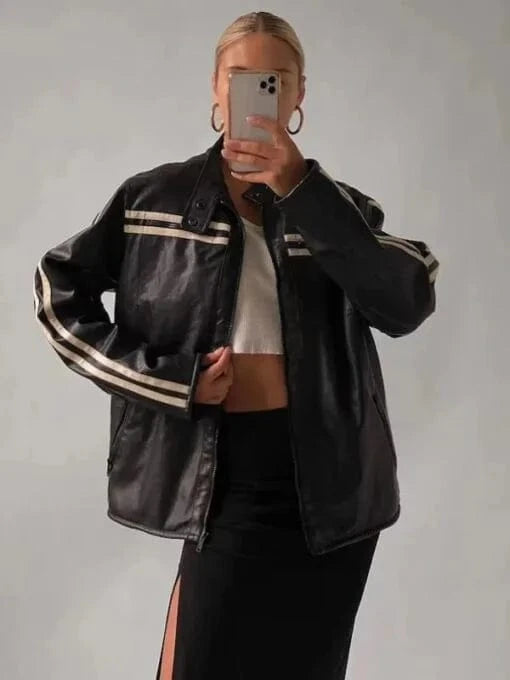 Thread Masters INC Womens Coolest Black Stripe Oversized Leather Jacket