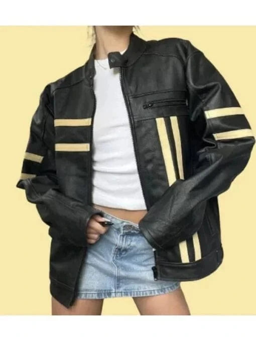 Thread Masters INC Womens Coolest Black Stripe Oversized Leather Jacket