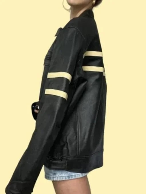 Thread Masters INC Womens Coolest Black Stripe Oversized Leather Jacket