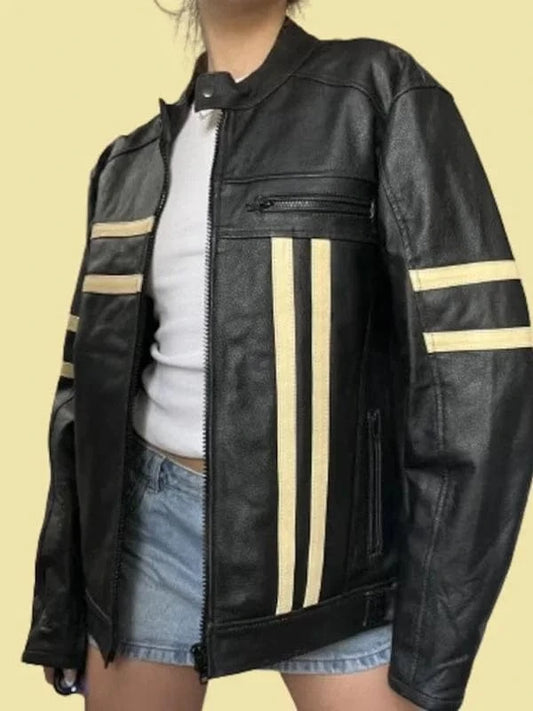 Thread Masters INC Womens Coolest Black Stripe Oversized Leather Jacket