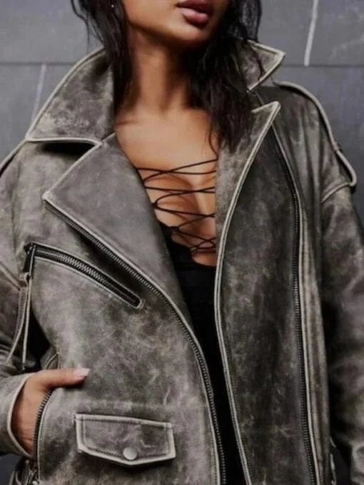 Thread Masters INC Womens Distressed Biker Style Goat Leather Jacket