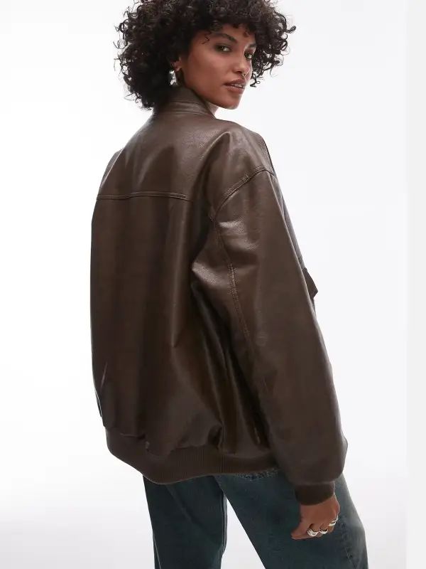Womens Faux Leather Oversized Bomber Jacket