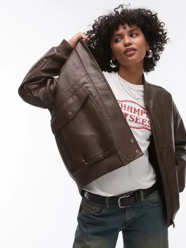 Womens Faux Leather Oversized Bomber Jacket