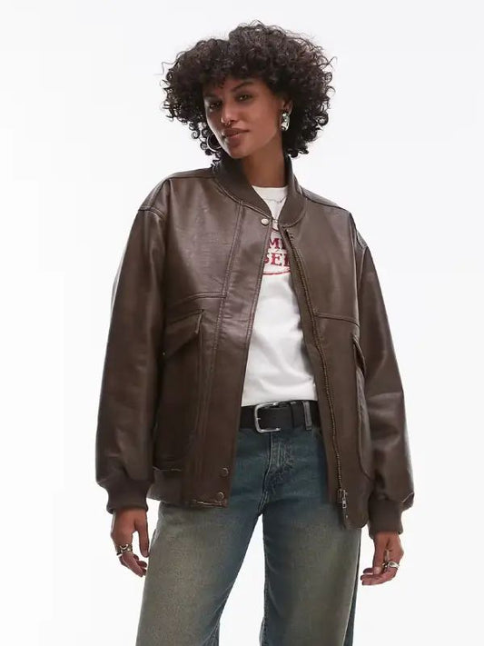 Womens Faux Leather Oversized Bomber Jacket