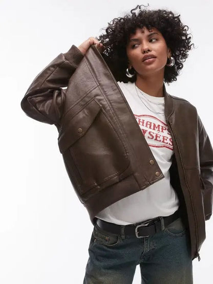 Thread Masters INC Womens Faux Leather Oversized Bomber Jacket